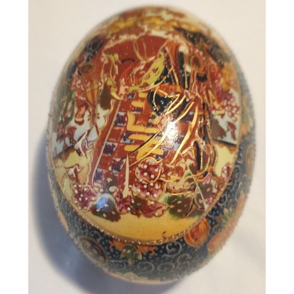 Vintage Chinese Ceramic Eggs Large 5x3" Festive Hand Painted W/ Wooden Pedestal - Picture 12 of 16